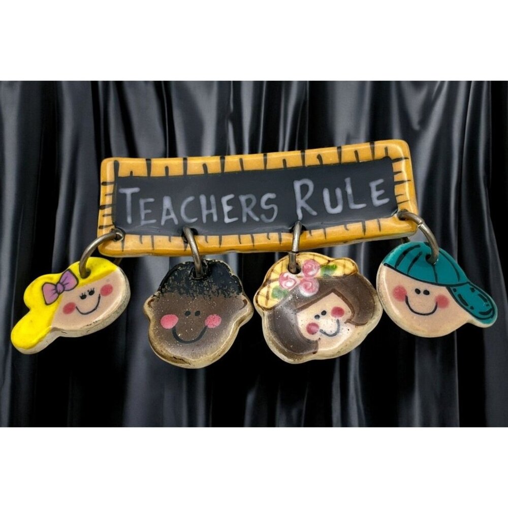 Vintage Teachers Rule Brooch Ruler Pin with Four Dangling Student Faces